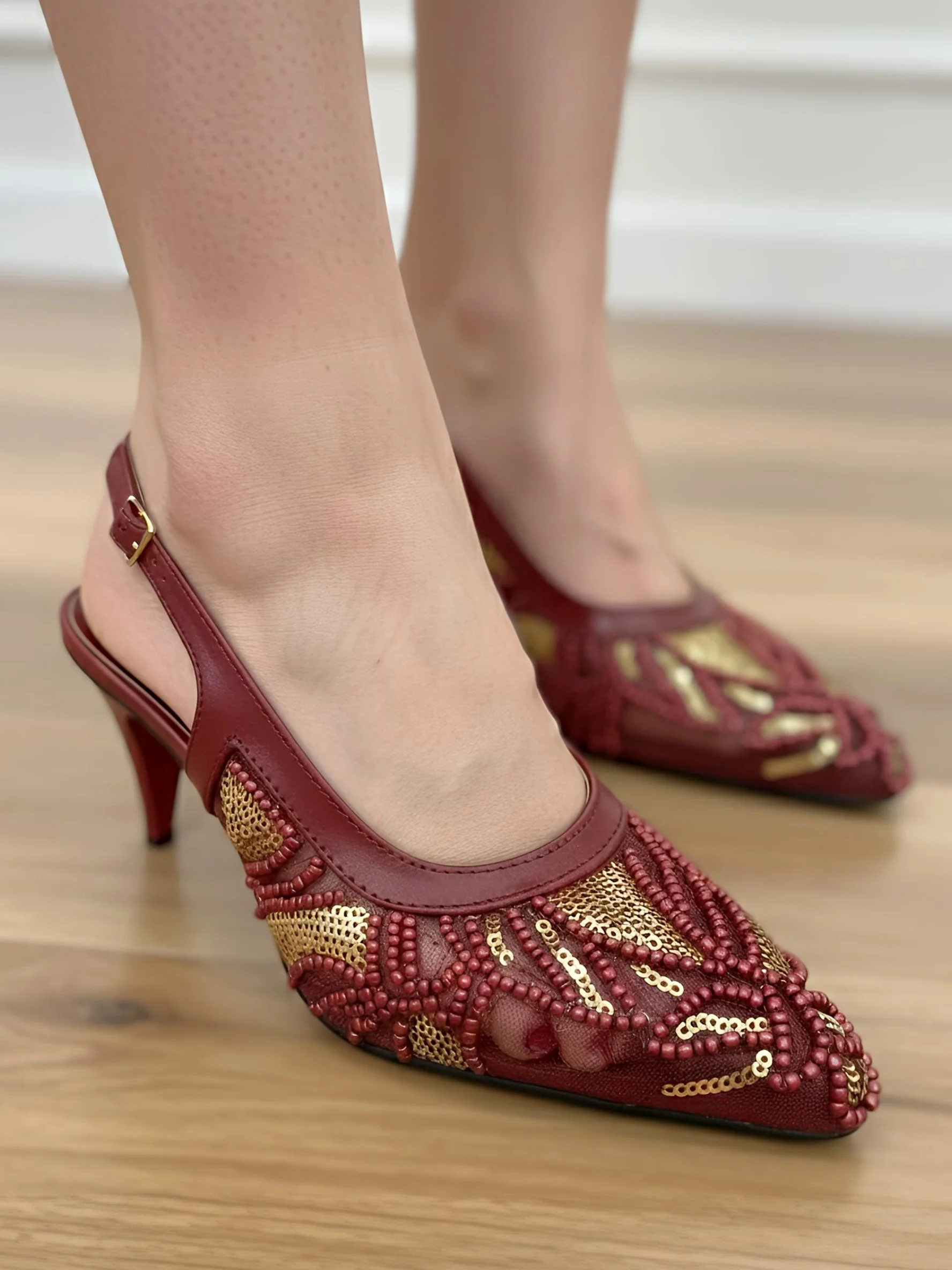 Beaded Mesh Slingback Heels - Image 3