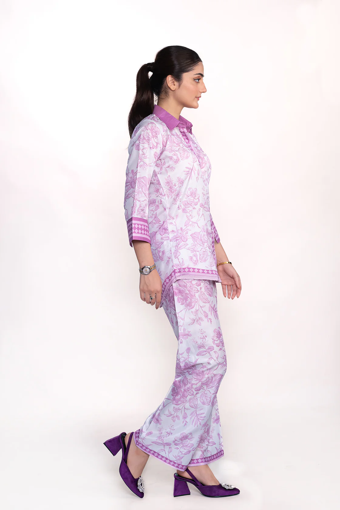 LAVENDER FLORAL PRINTED CREPE LAWN CO-ORD SET - Image 3