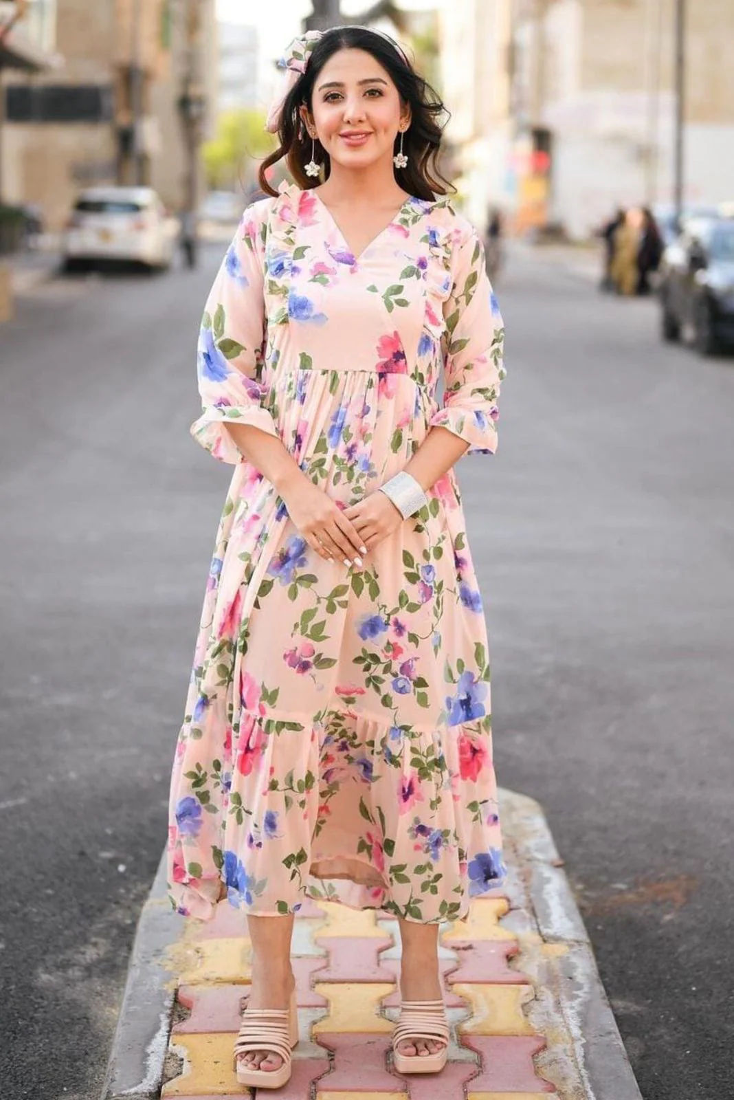 PASTEL PEACH FLORAL MAXI - CHIFFON DRESS ( INNER ATTACHED ) - Image 3